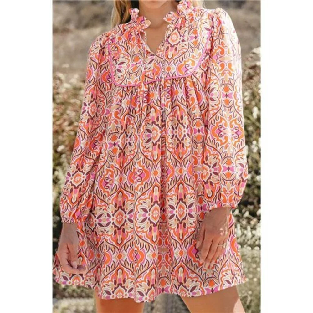 Printed Tie Neck Long Sleeve Mini Dress